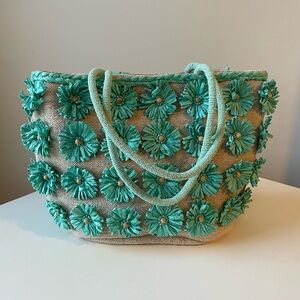 NWT Turquoise Rafita Floral Tote Bag with Beaded Handle Straps